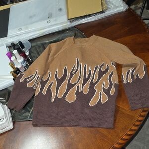 Flame Pattern Crewneck Sweater - Brown/Tan
